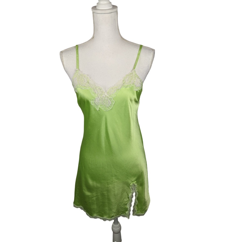 Victoria's Secret Lime Green Satin Lace Trim Chemise Slip Dress Small